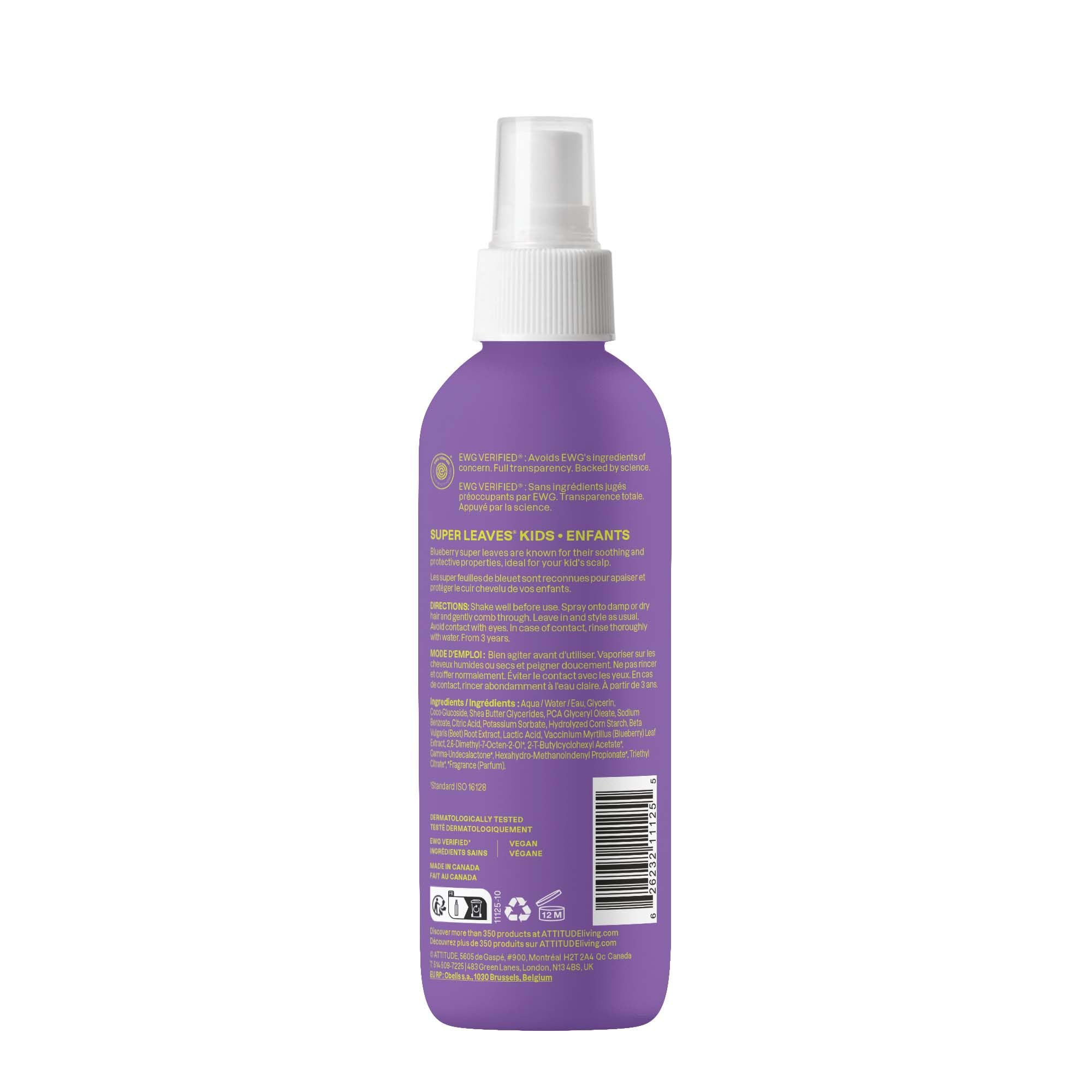 ATTITUDE detangler for kids recyclable packaging shows eco-friendly HDPE bottle.