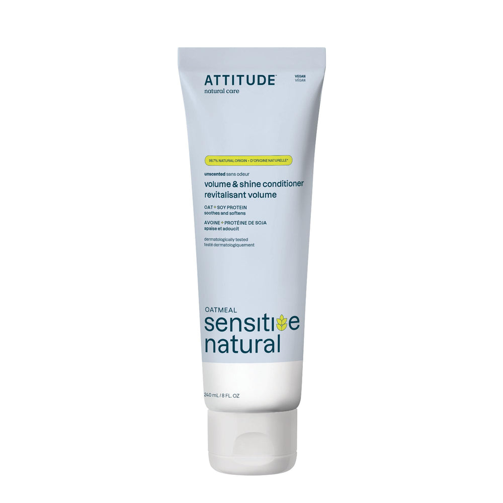 ATTITUDE Extra Gentle Conditioner bottle shows fragrance-free, skin-friendly care for sensitive scalps.