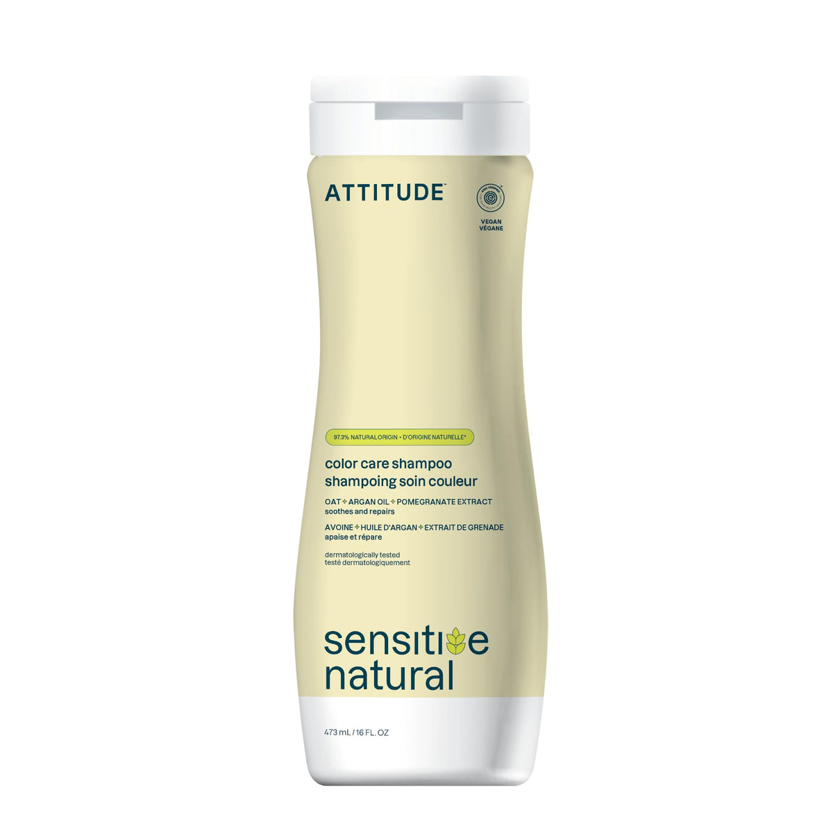 ATTITUDE hair shampoo bottle close-up, gentle formula for sensitive scalps and color care.