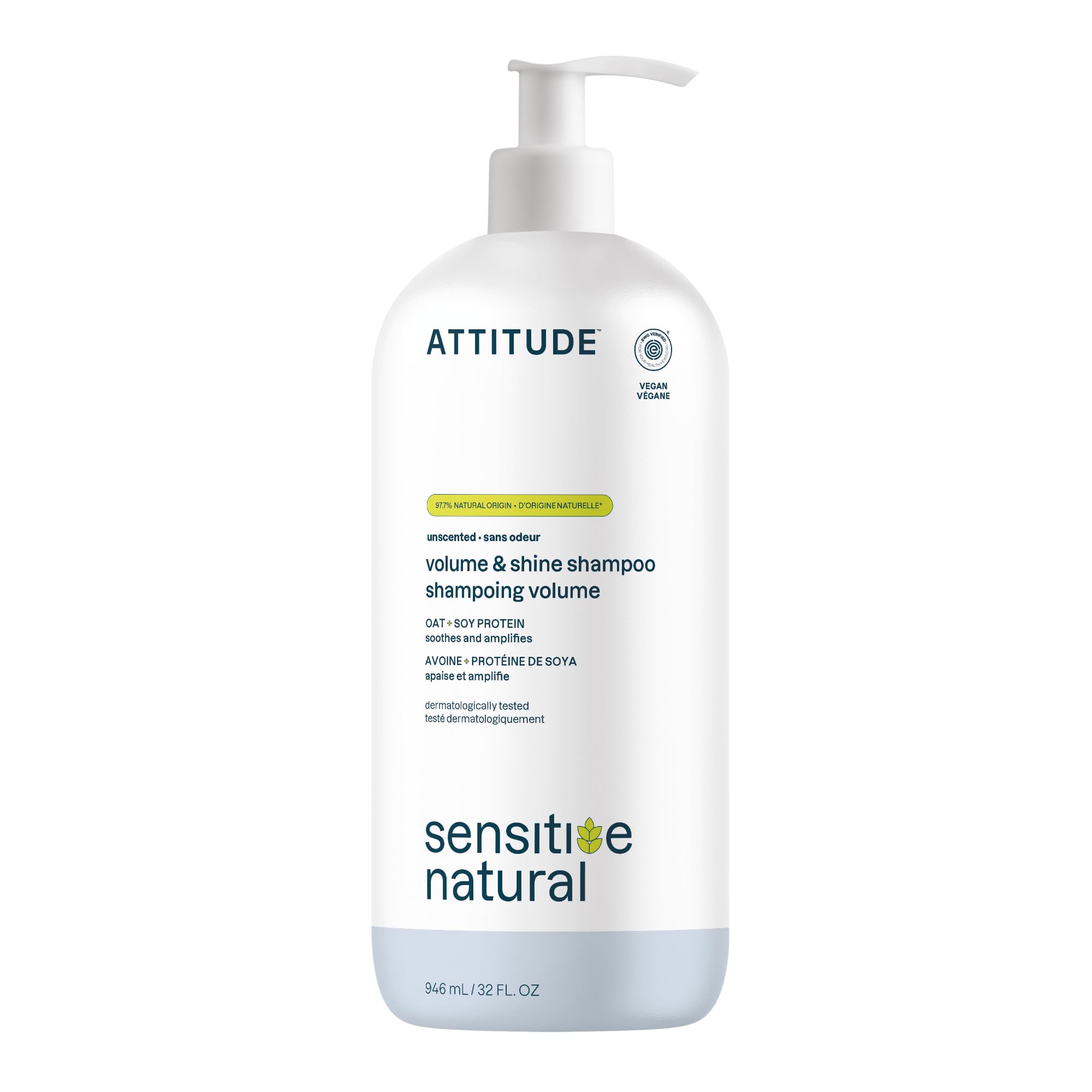 ATTITUDE hair shampoo bottle shows gentle volumizing for sensitive scalp.