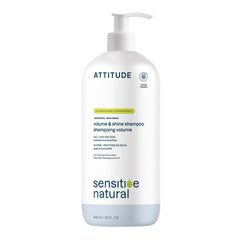 ATTITUDE hair shampoo bottle shows gentle volumizing for sensitive scalp.