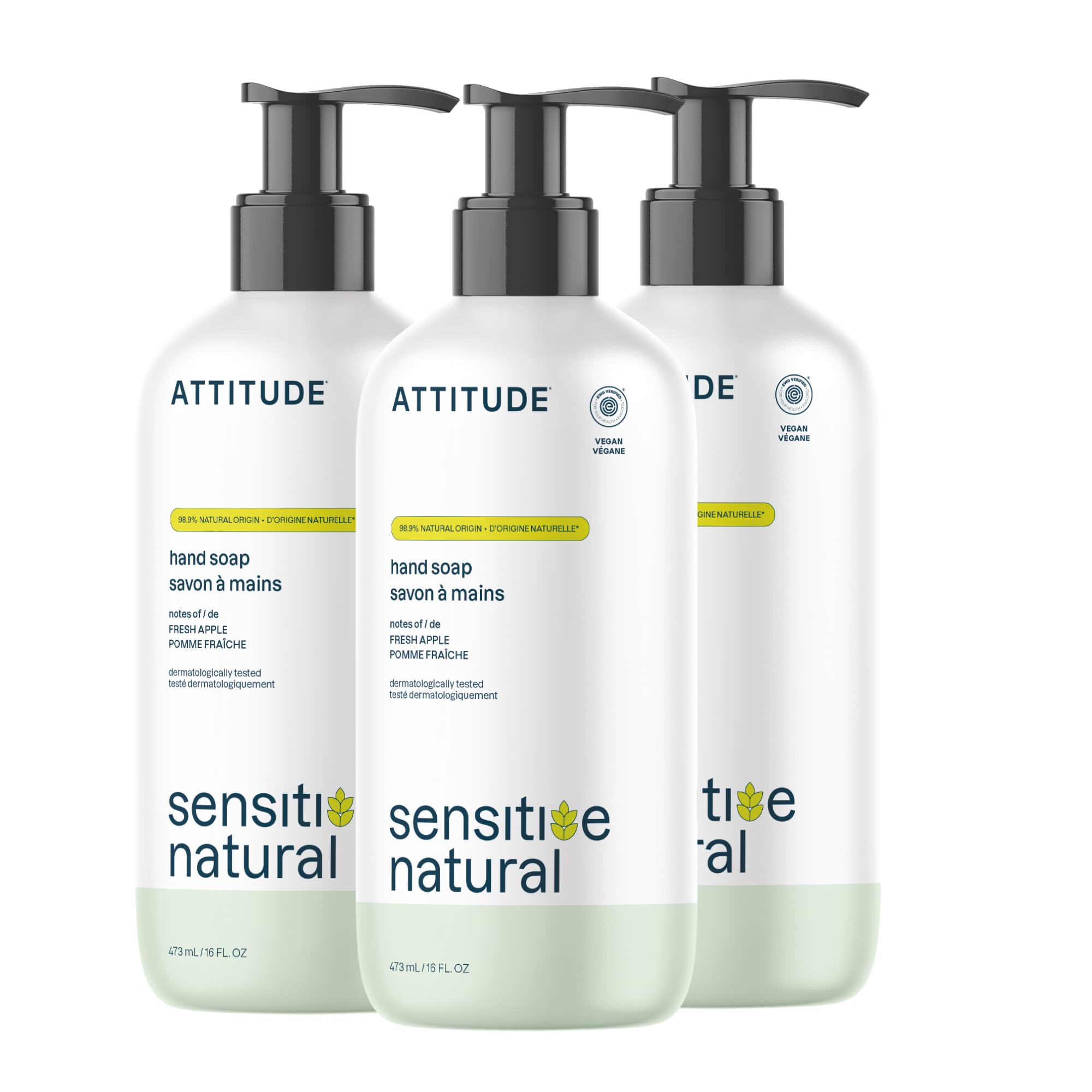ATTITUDE hand soap bottle highlights oat extract for sensitive-skin cleansing.