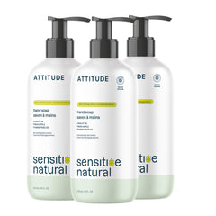 ATTITUDE hand soap bottle highlights oat extract for sensitive-skin cleansing.