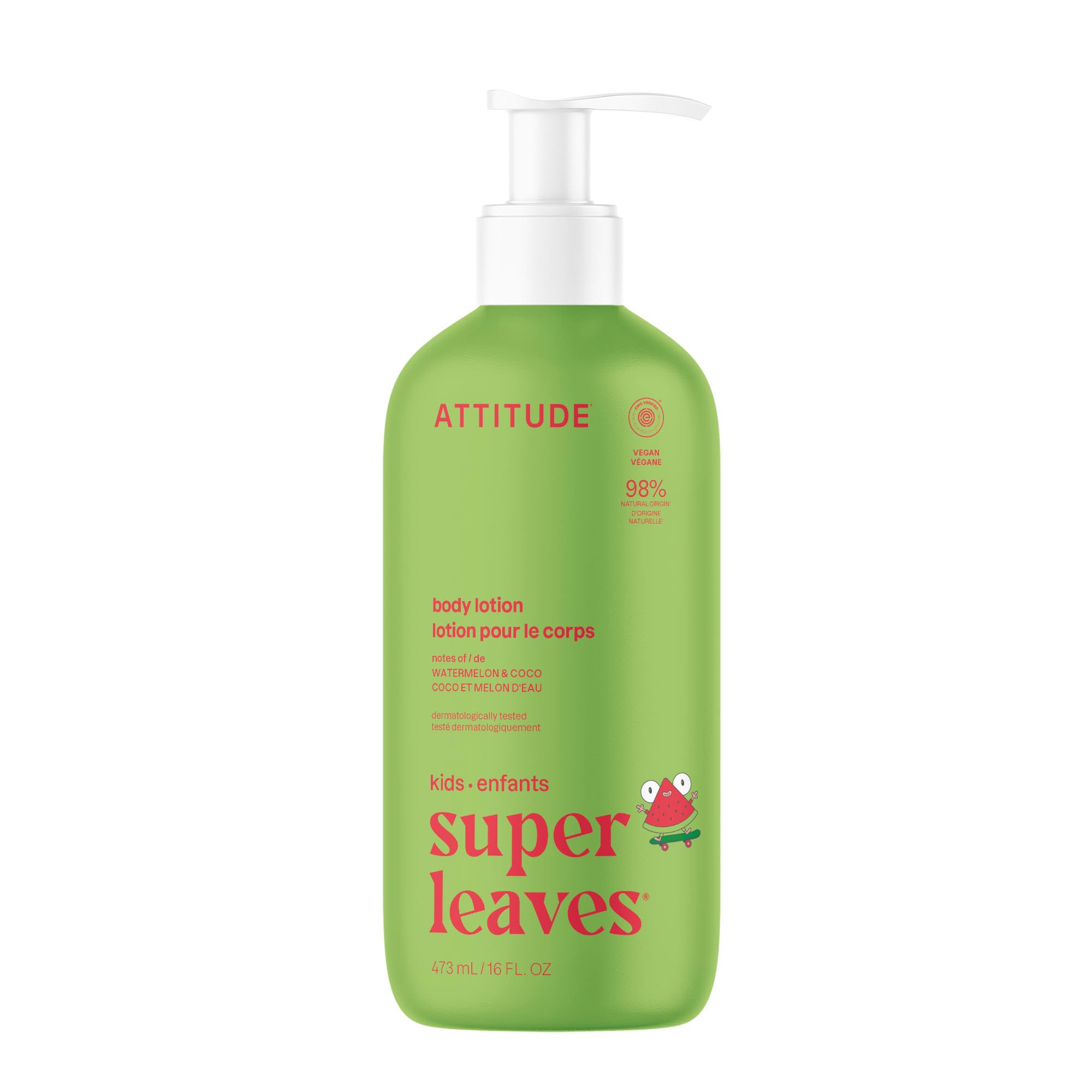 ATTITUDE Kids Lotion Watermelon-Coco bottle demonstrates clean, daily moisturizing for delicate skin.