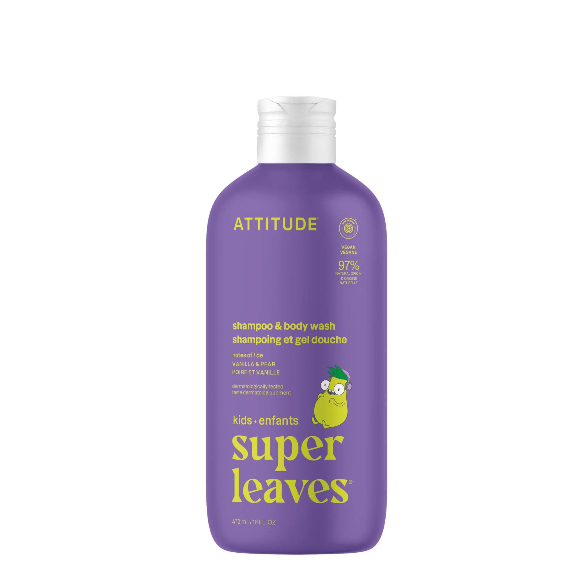 ATTITUDE kids shampoo bottle with vanilla-pear scent for gentle cleansing at bathtime