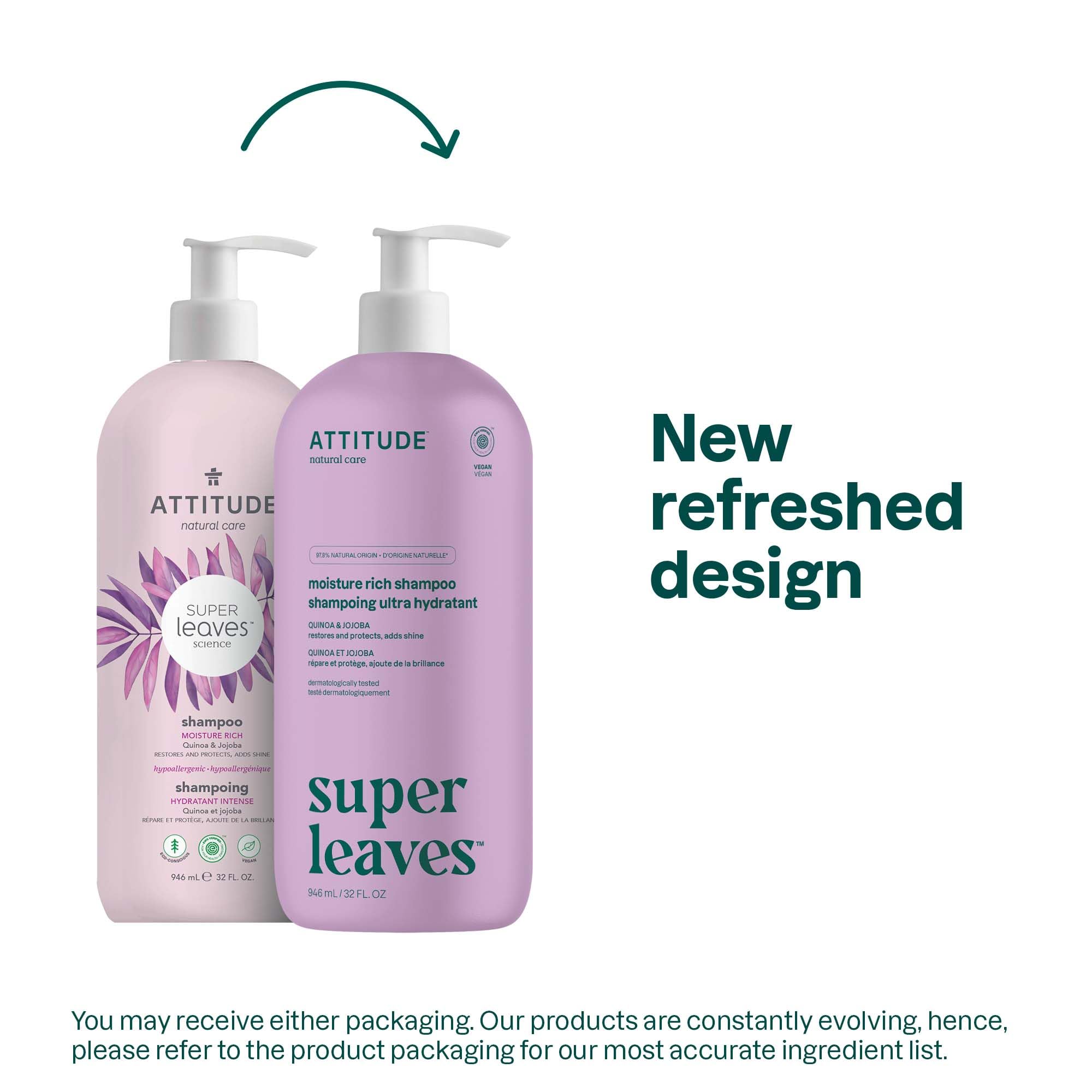 ATTITUDE Moisture Rich Shampoo label highlights clean vegan ingredients and verification