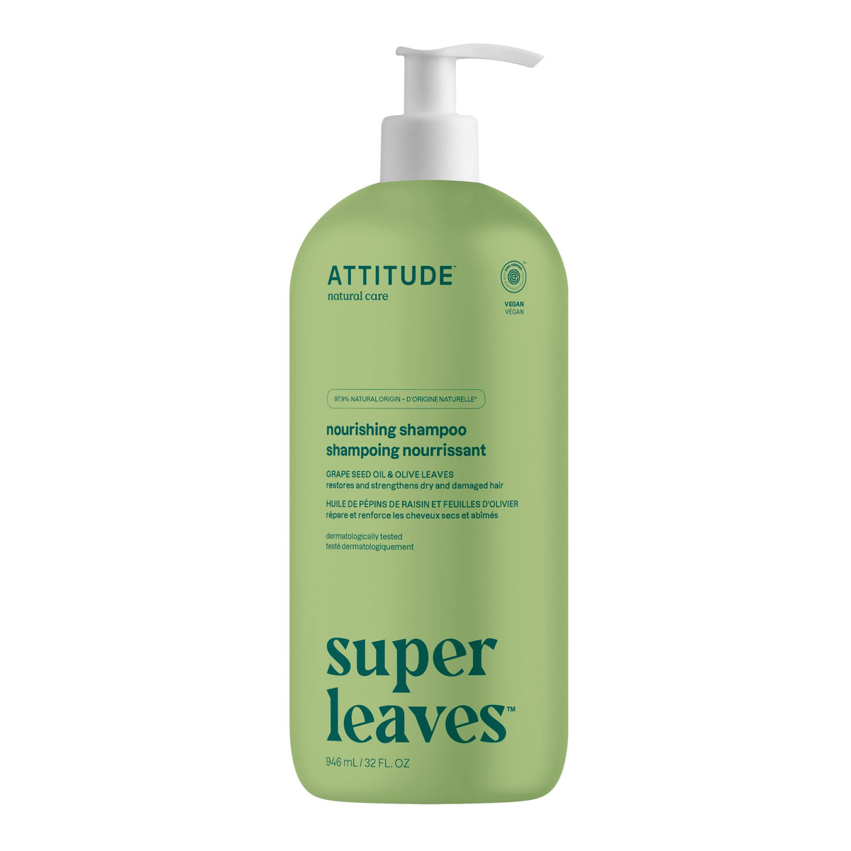 ATTITUDE Nourishing Shampoo bottle highlights clean vegan formula for dry hair nourishment.