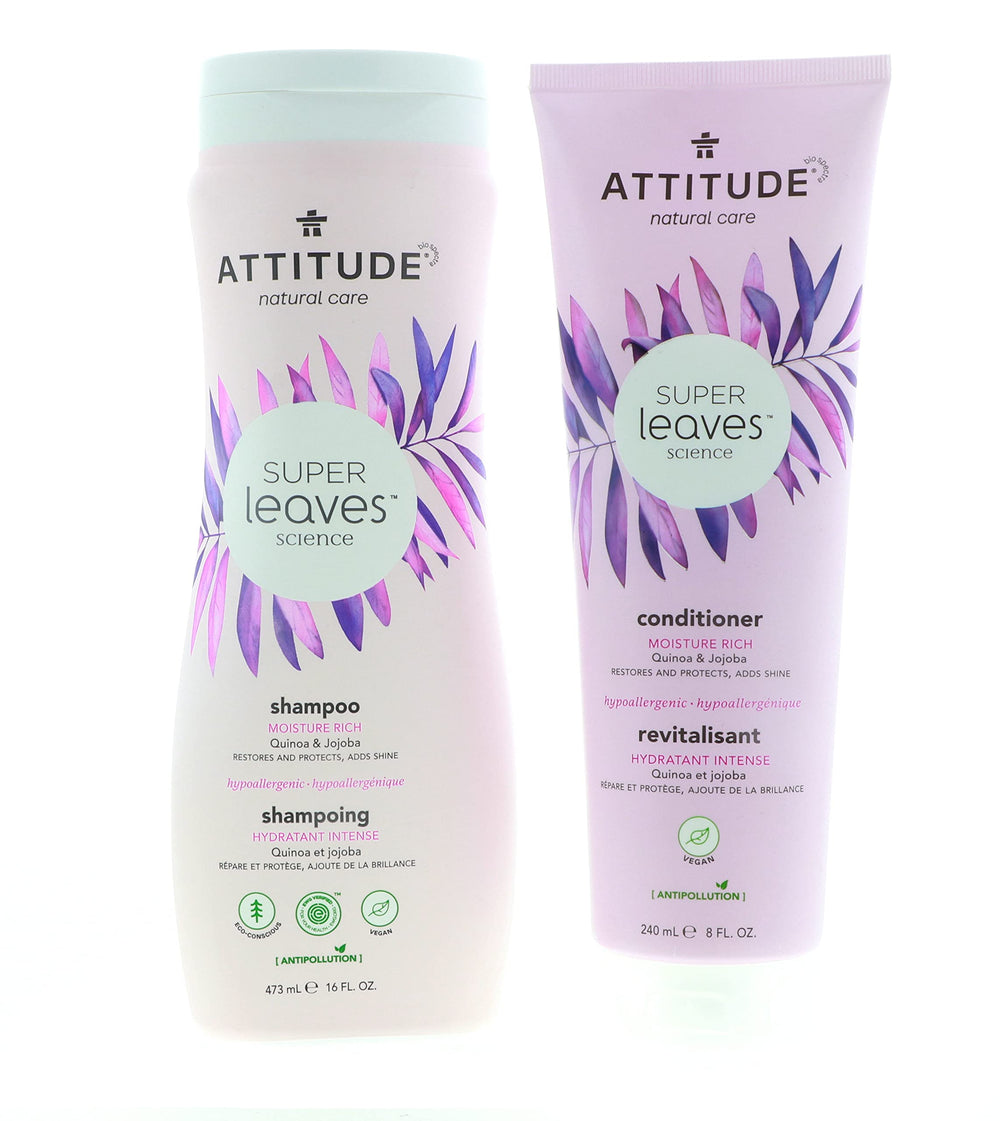 ATTITUDE Super Leaves Moisture Rich Shampoo bottle promotes shine and hydration with quinoa and jojoba proteins.
