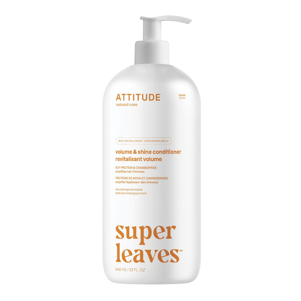 ATTITUDE Volume & Shine conditioner bottle front for lightweight hydration on thin hair.