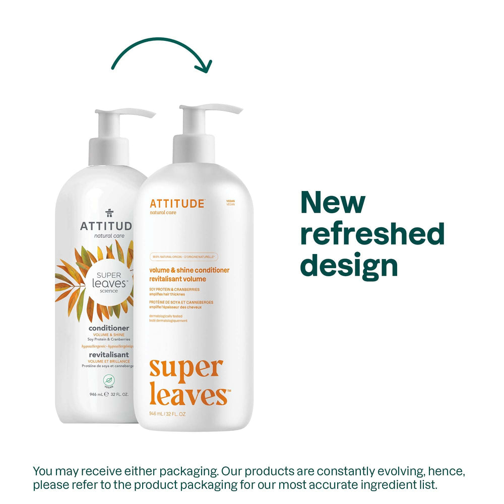 ATTITUDE Volume & Shine conditioner label closeup highlighting natural-origin ingredients.