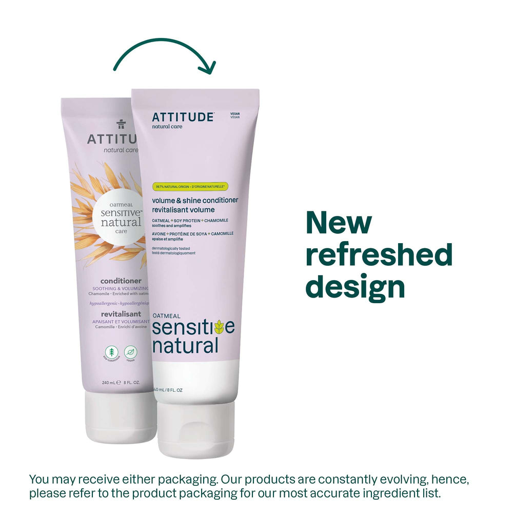 ATTITUDE Volume & Shine conditioner label highlights oat extract and soy protein for scalp care.