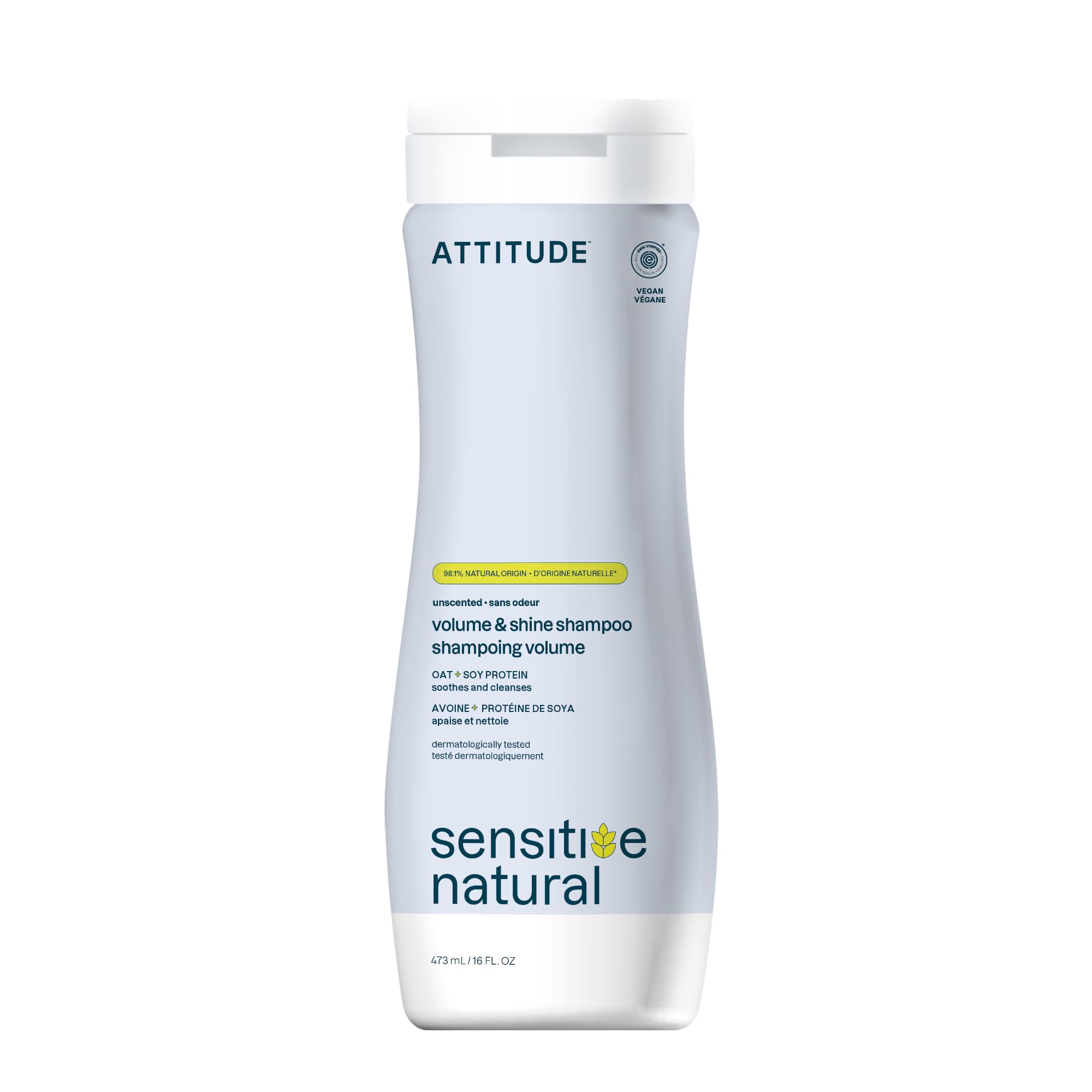 ATTITUDE Volume & Shine shampoo bottle, fragrance-free for sensitive scalps.
