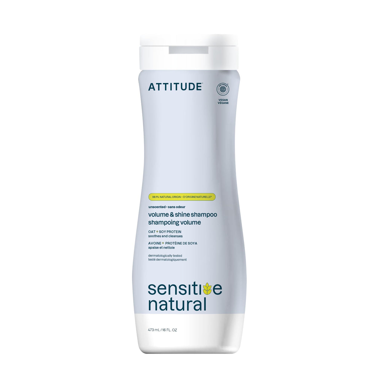 ATTITUDE Volume & Shine shampoo bottle, fragrance-free for sensitive scalps.