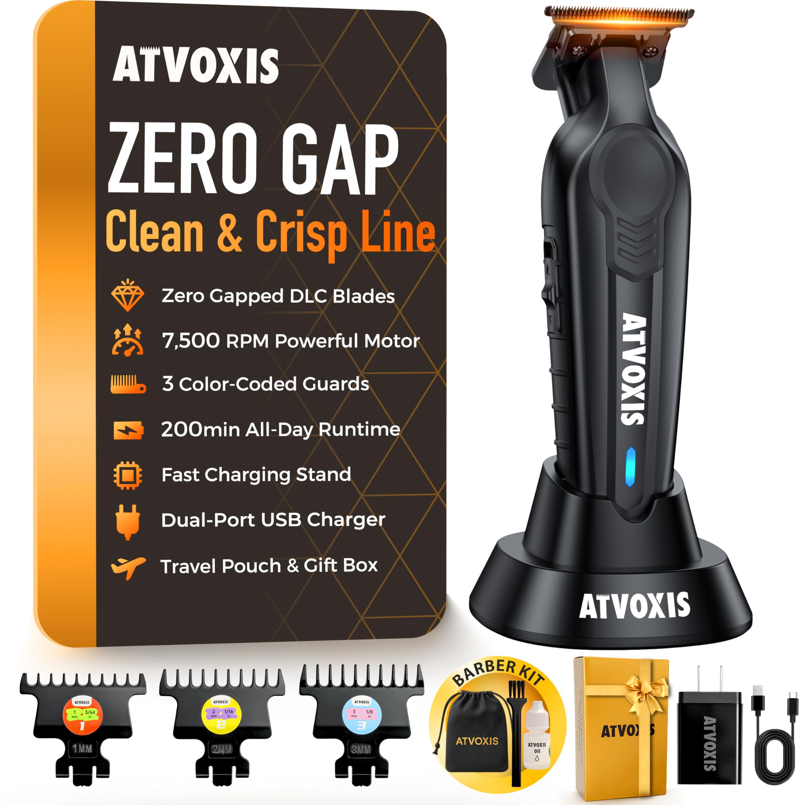ATVOXIS hair trimmer DLC blade close-up for sharp, cool, precise grooming.