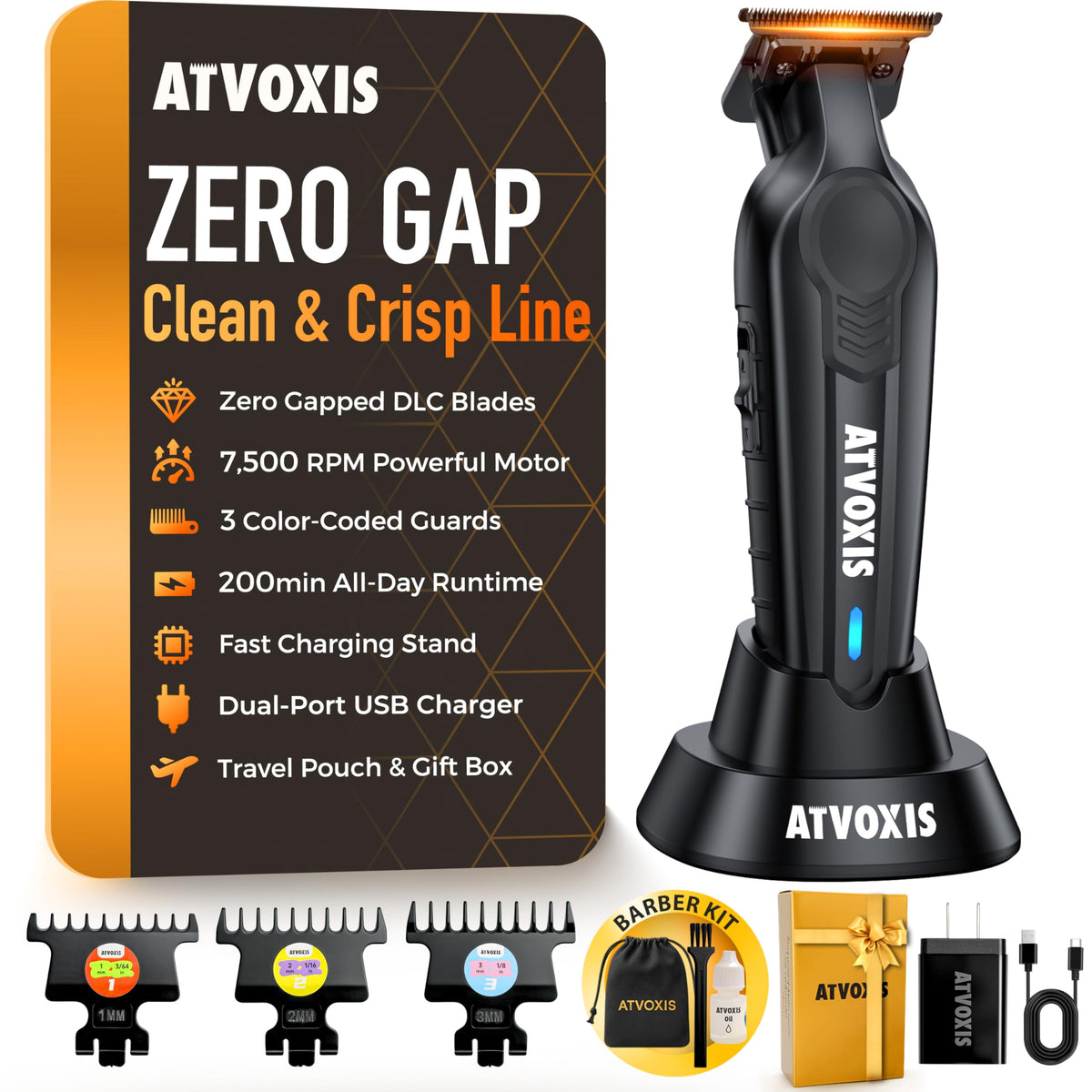 ATVOXIS hair trimmer DLC blade close-up for sharp, cool, precise grooming.