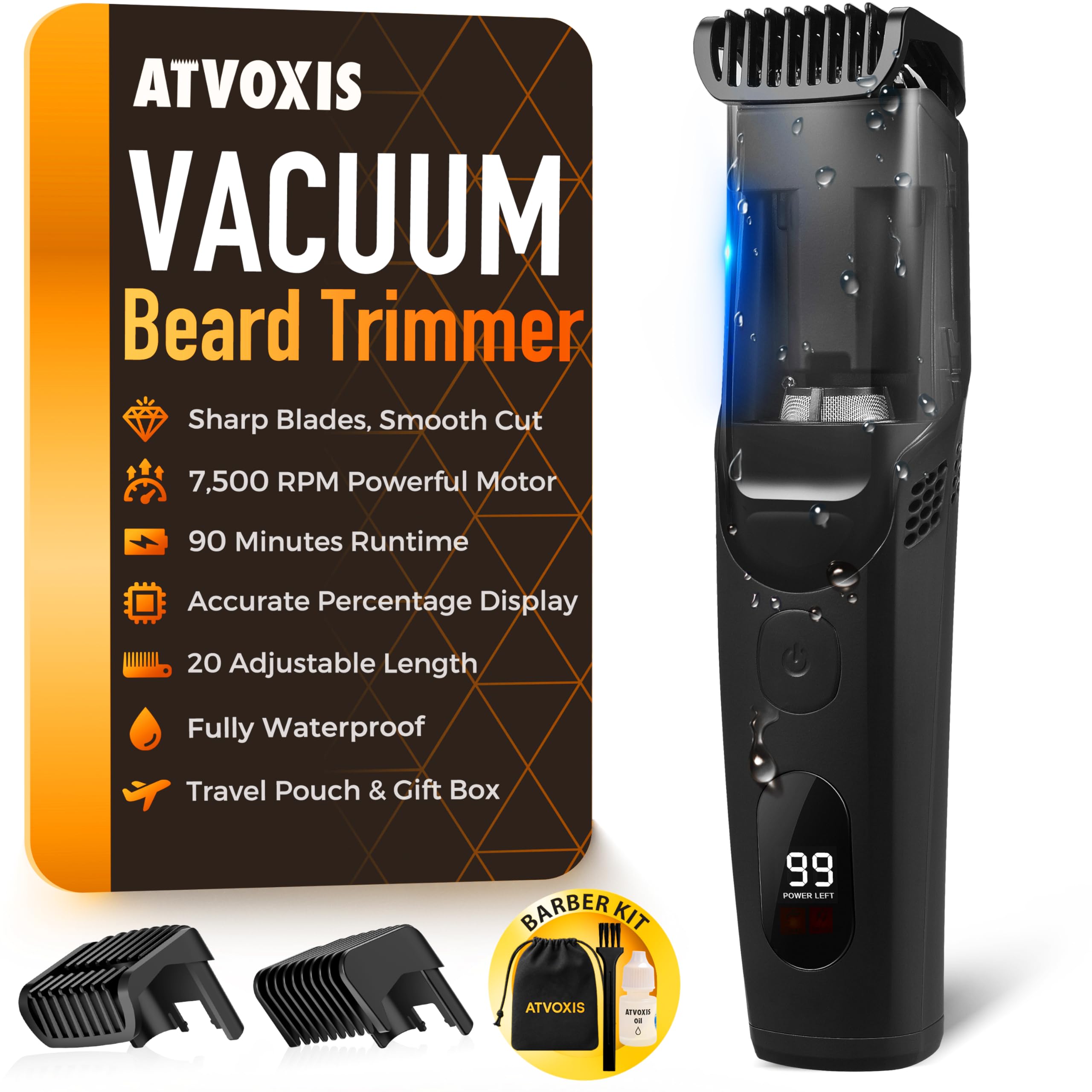 ATVOXIS vacuum beard trimmer front view for mess-free grooming