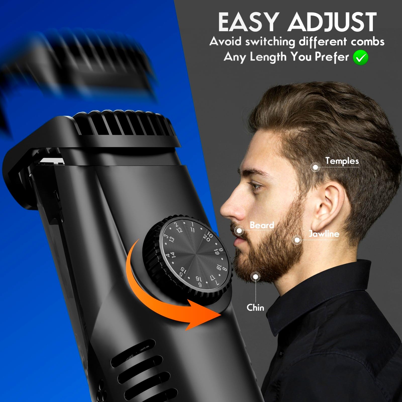 ATVOXIS vacuum beard trimmer with combs shows adjustable lengths