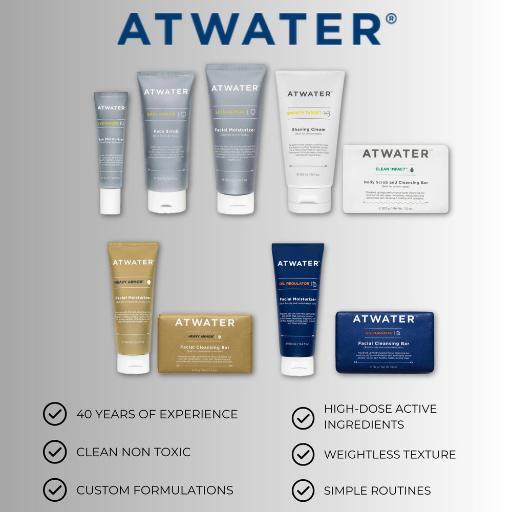 Using ATWATER Skin Armor Exfoliating Scrub in the shower demonstrates a simple, daily skincare step.