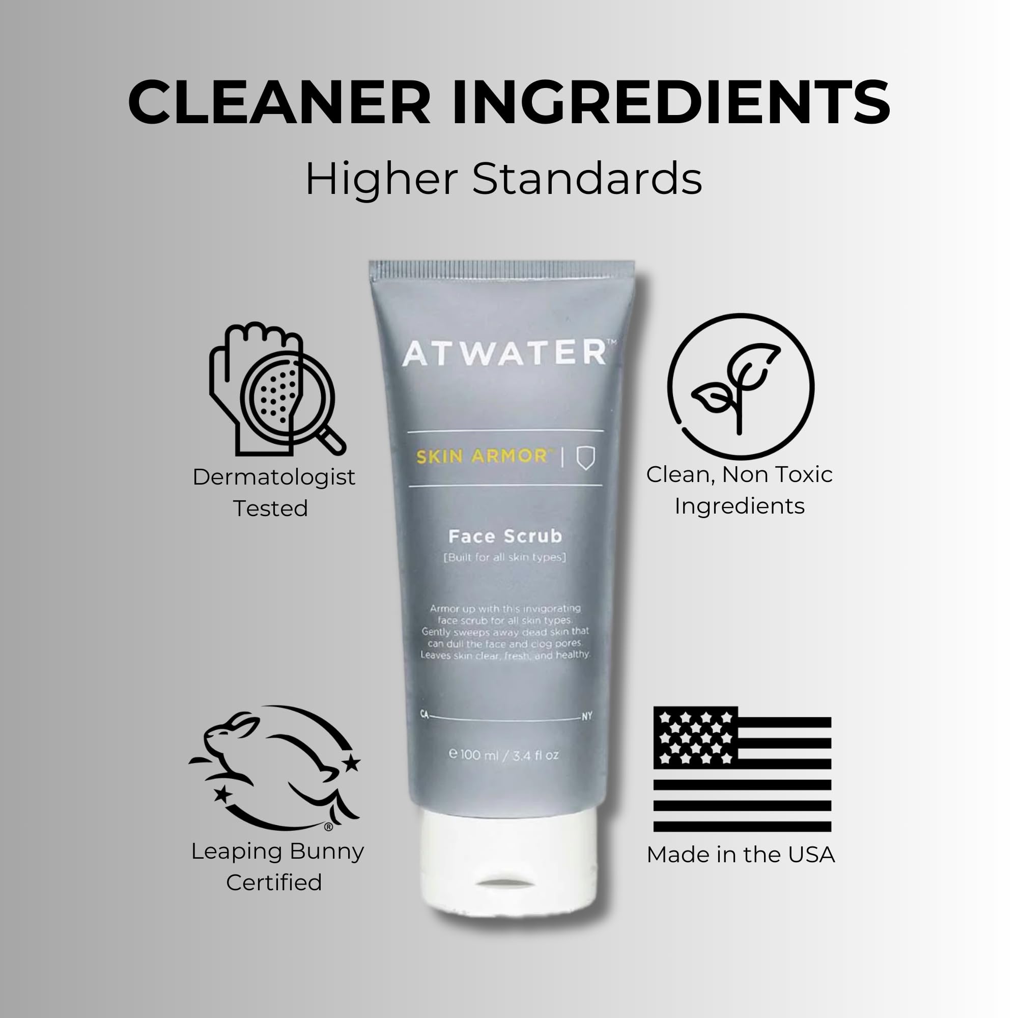 Travel-size ATWATER Skin Armor Exfoliating Scrub packaging fits in a Dopp kit for on-the-go grooming.