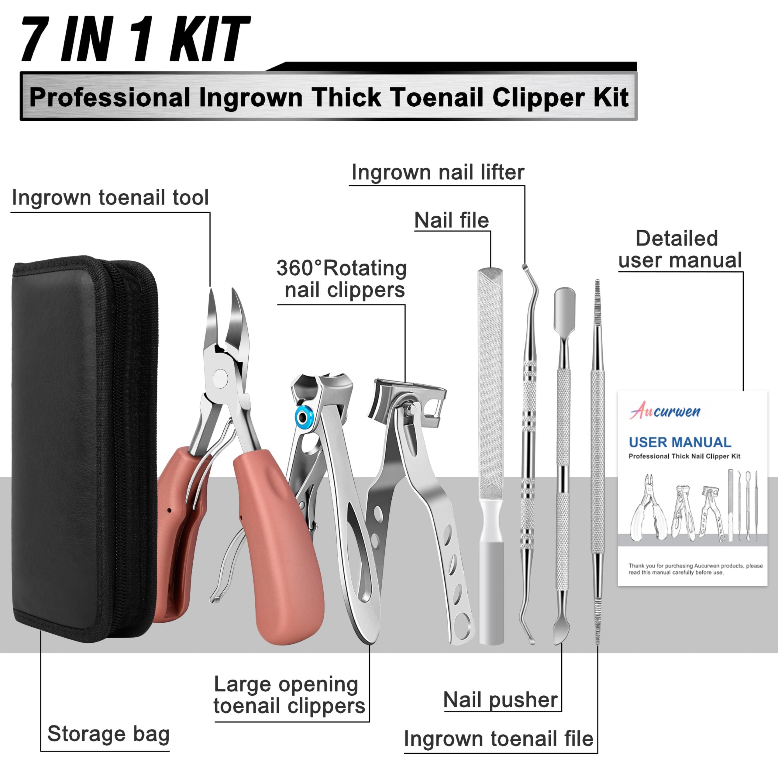 Aucurwen pedicure kit 7pc with storage bag shown for portability.