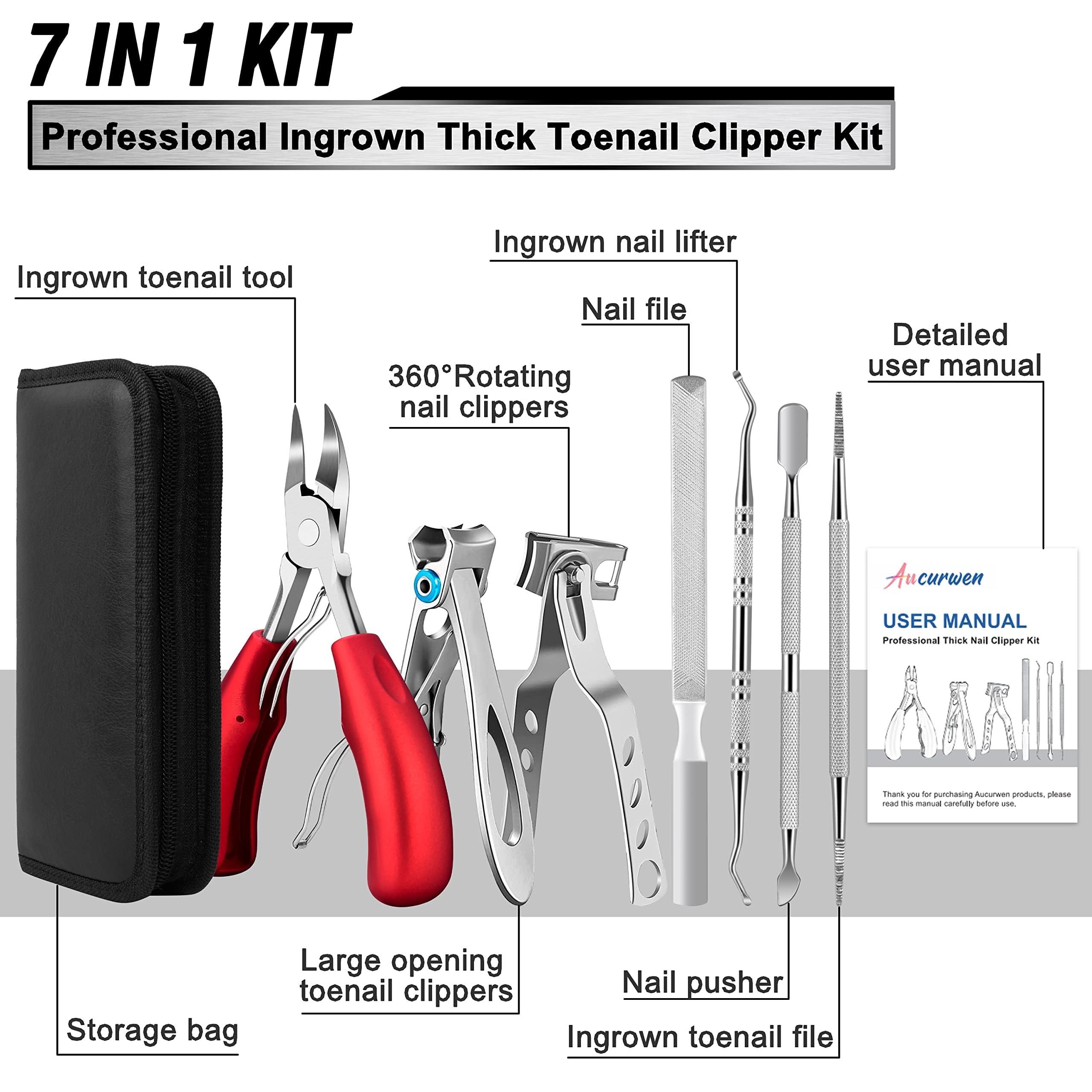 Aucurwen toenail clippers with 25-degree curved blade enable precise trimming of ingrown nails with ease.