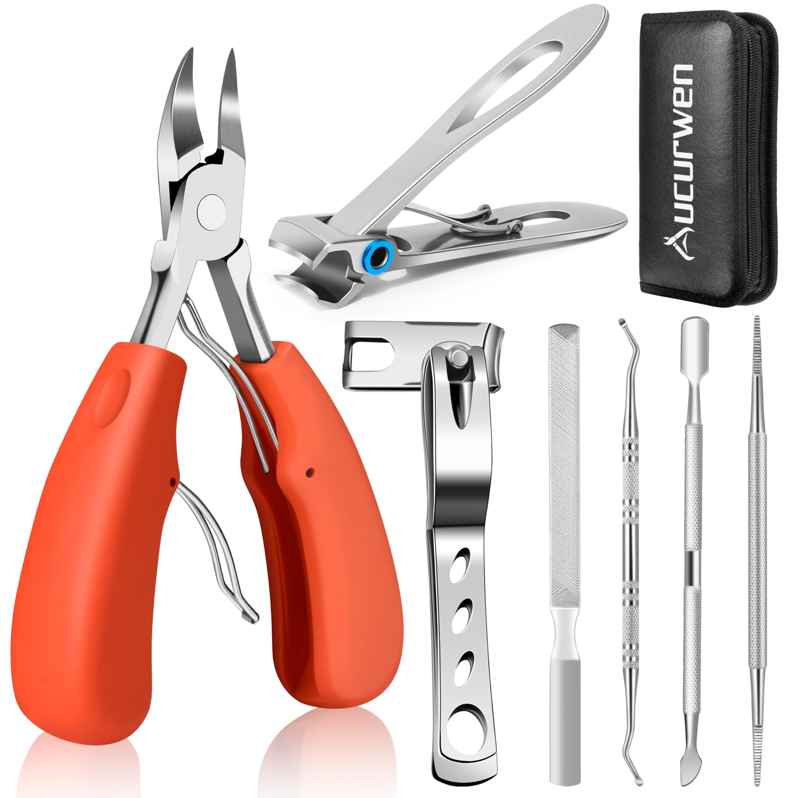 Aucurwen senior toenail clippers with orange handle for precise, comfortable trimming.
