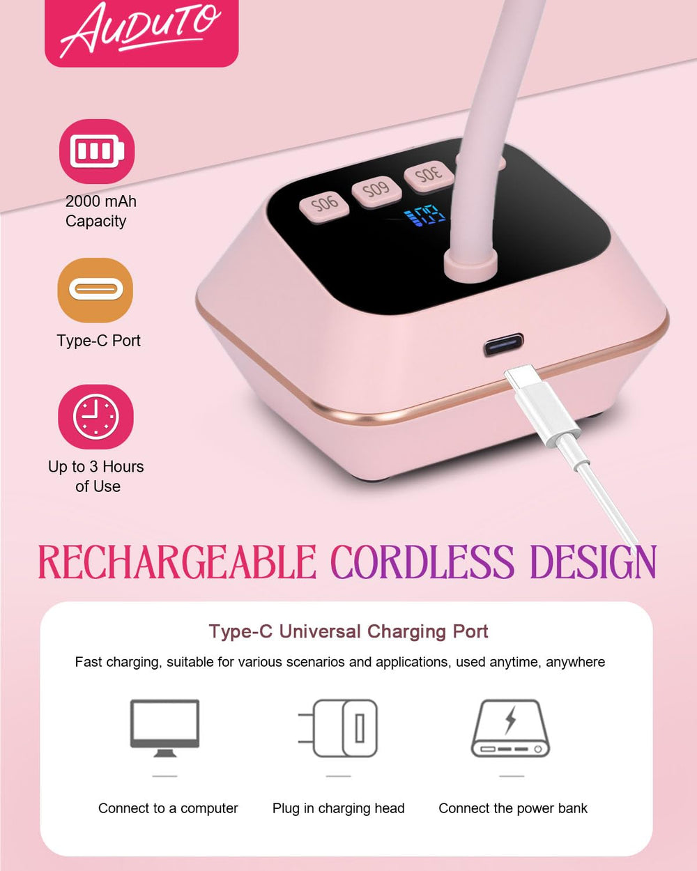 Auduto UV LED nail lamp gooseneck 360 pink adjustable angle