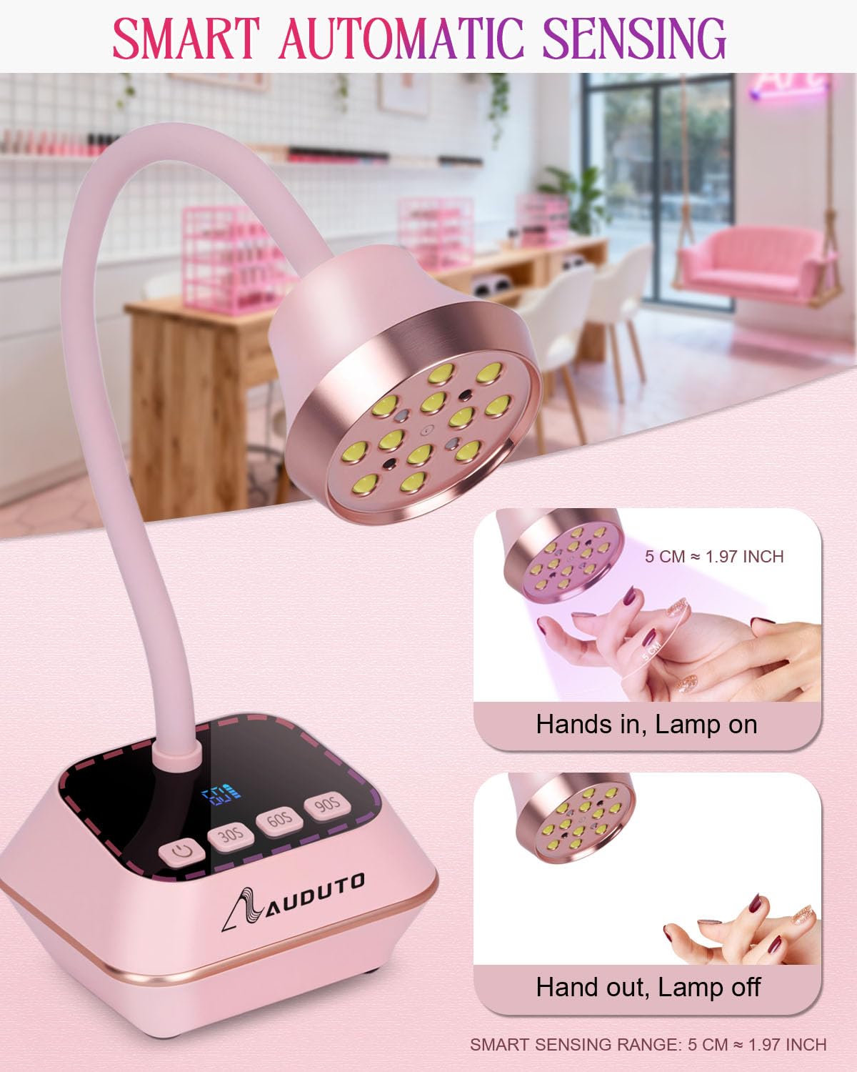 Auduto UV LED nail lamp LCD display pink shows timer and battery