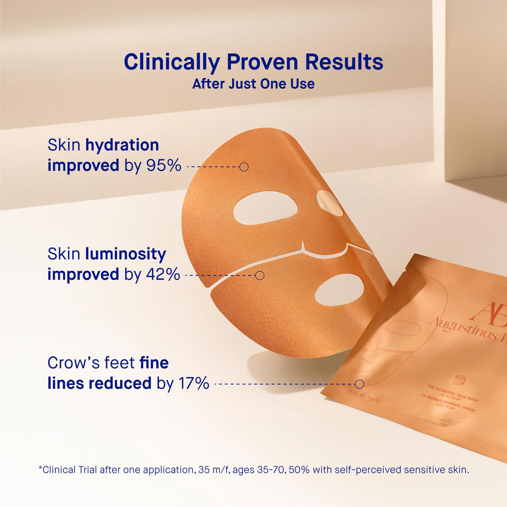 Augustinus Bader hydrogel face mask hydration droplets on skin illustrate hydrating boost.