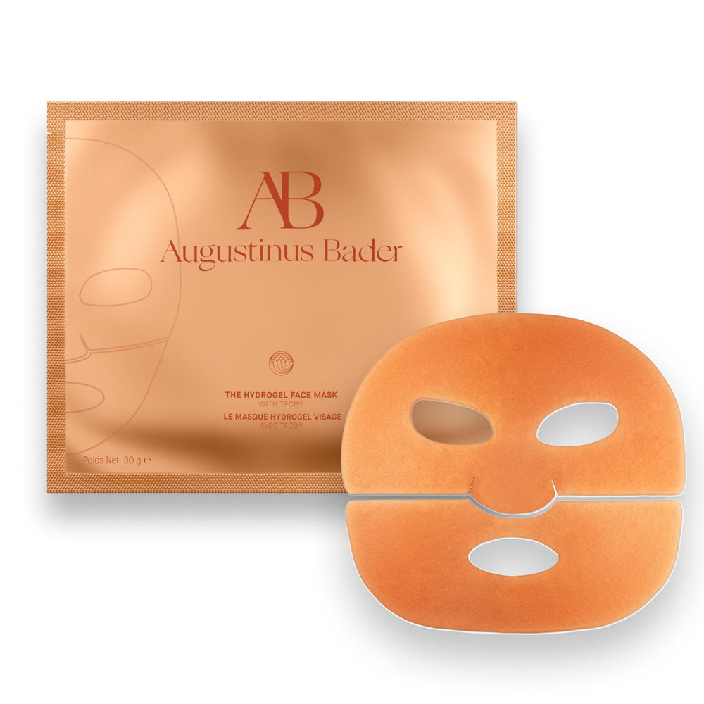 Augustinus Bader hydrogel face mask packaging, recyclable design supports clean beauty.