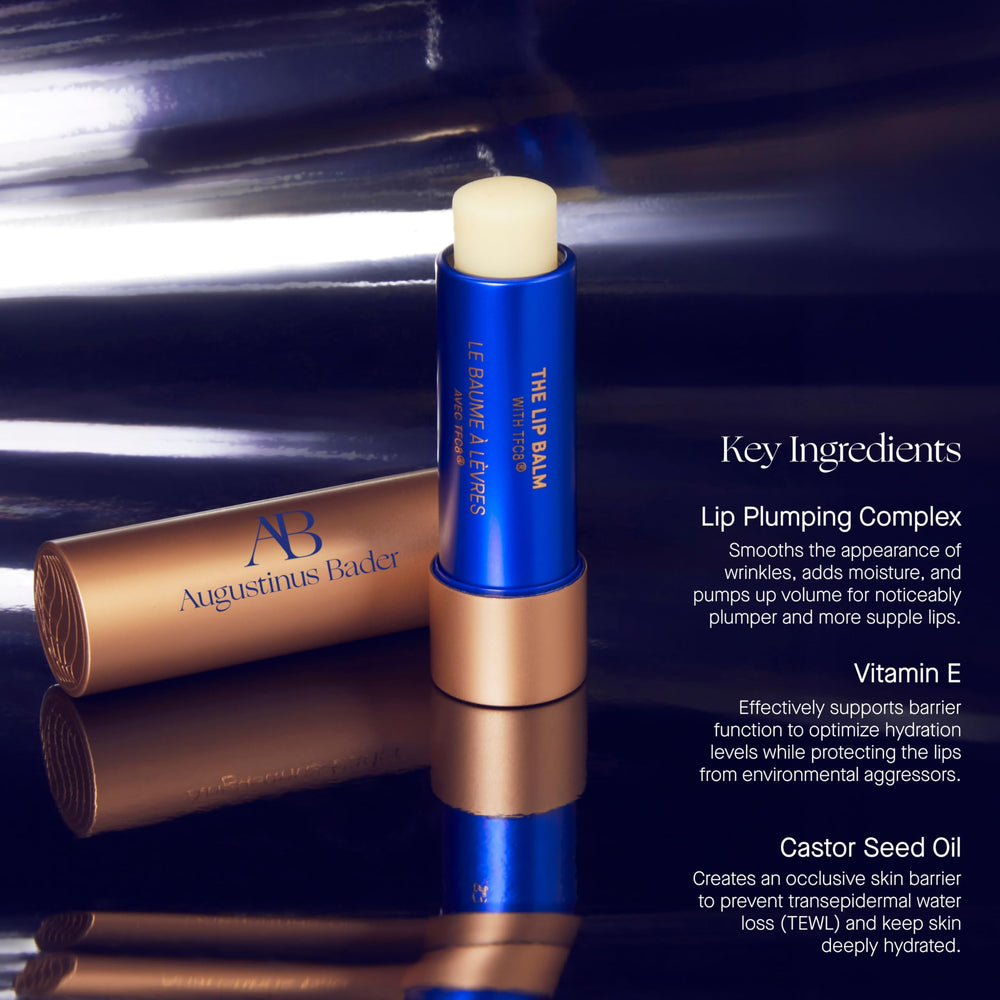Augustinus Bader Lip Balm ingredients with plant oils for nourishment and support.