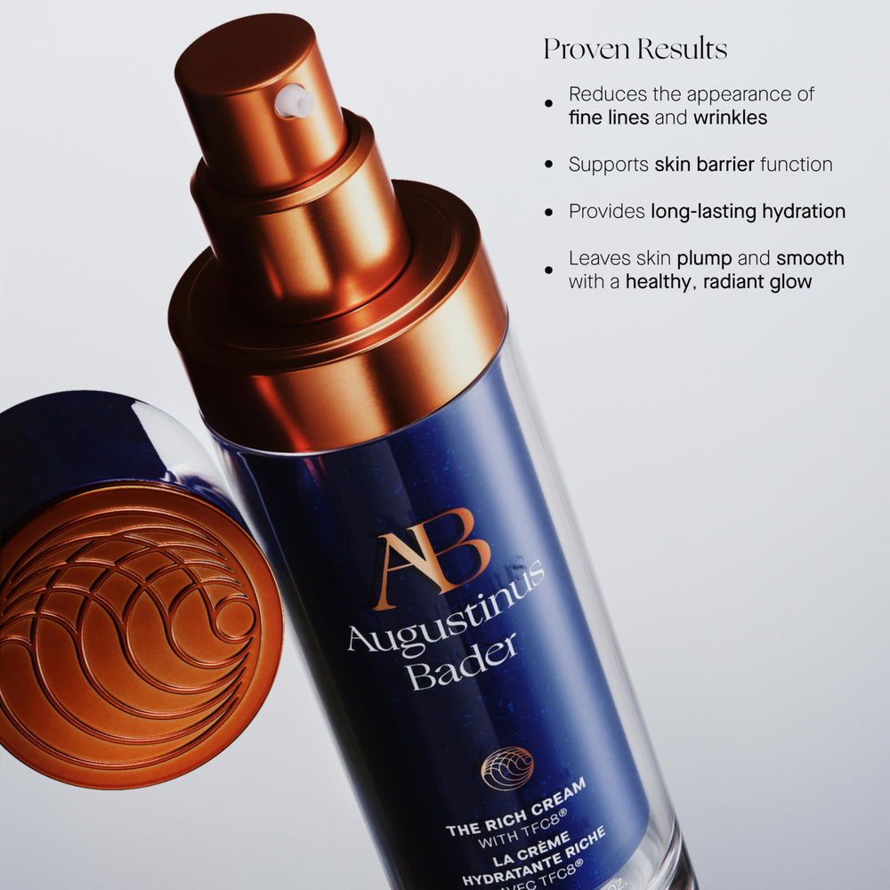 Augustinus Bader Rich Cream face application demonstrates smooth, even distribution for daily use.
