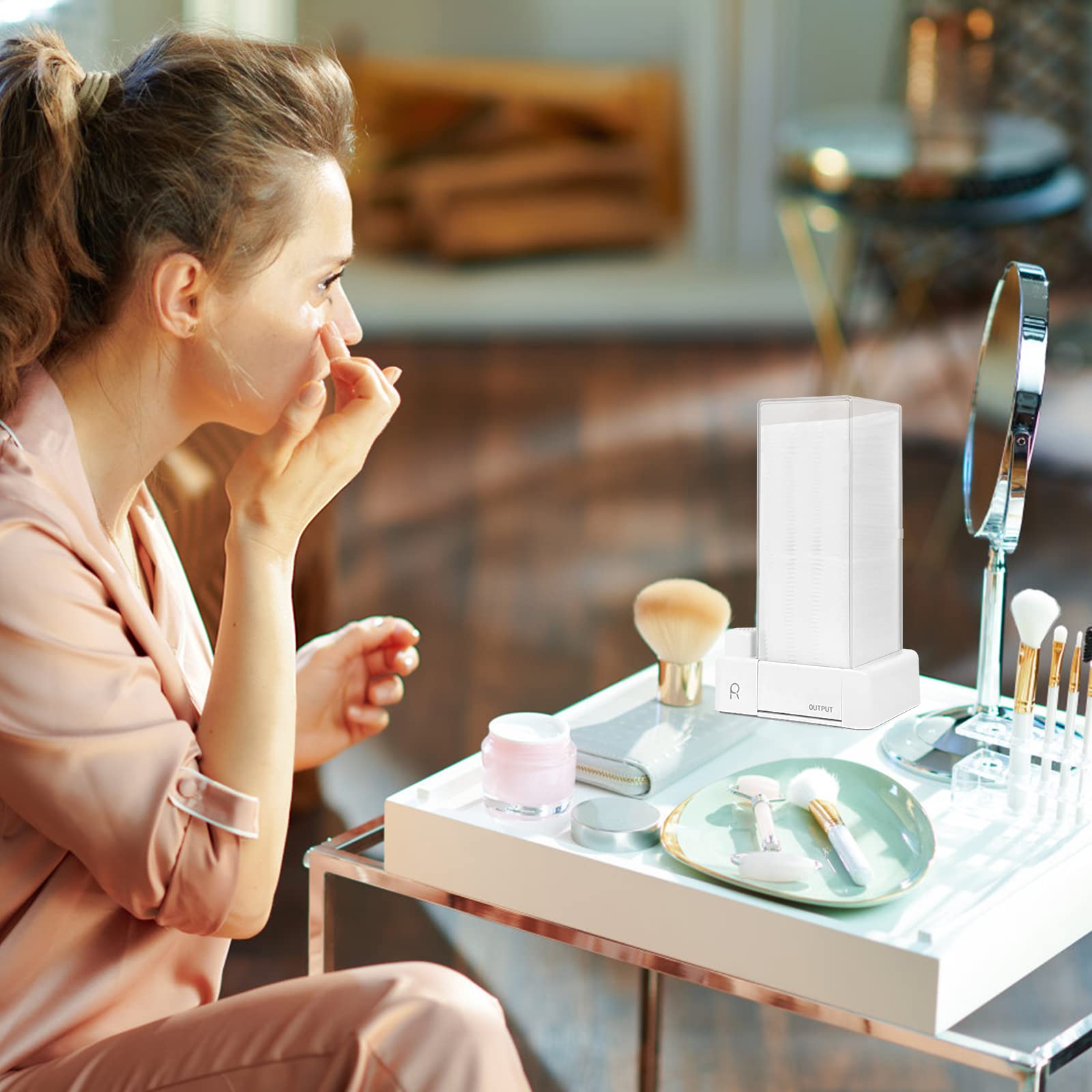 Aukiron stylish white design fits vanity while keeping pads tidy.