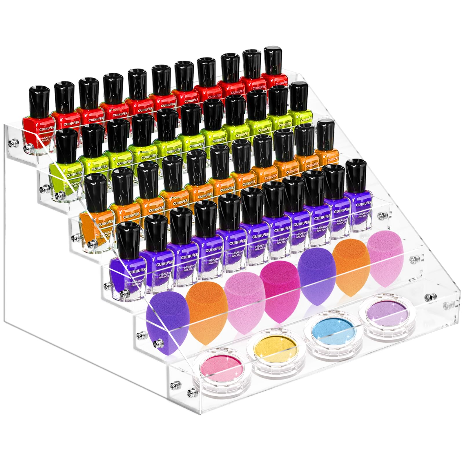 AumVum 6-tier nail polish organizer essential oil display at home vanity setup.