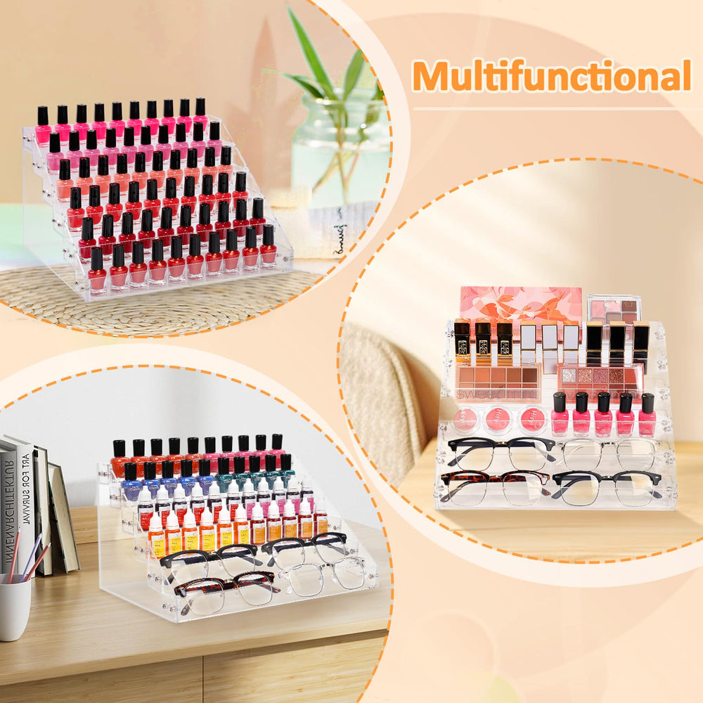AumVum 6-tier nail polish organizer rails prevent spills, keeping cosmetics secure.