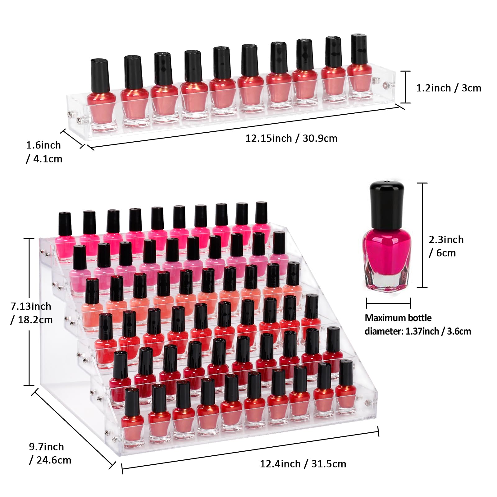 AumVum 6-tier nail polish organizer side view highlights sturdy acrylic construction for durable use.