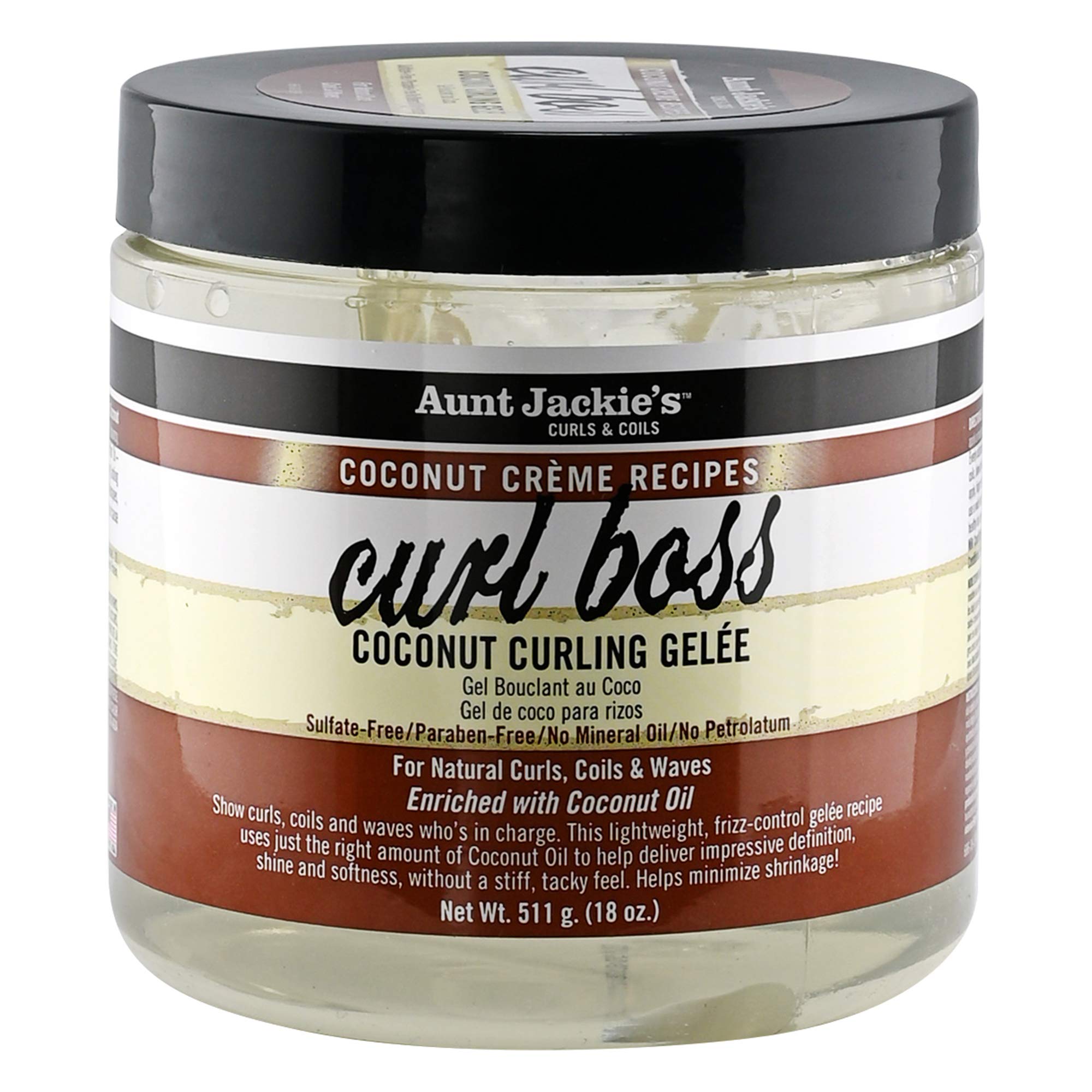Aunt Jackie's Curl Boss Coconut Curling Gel bottle highlighting defined curls and hydrated shine.