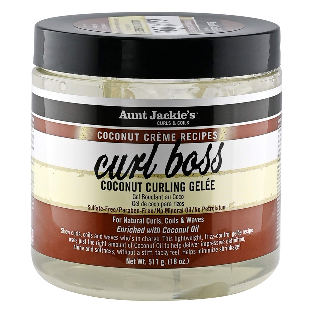 Aunt Jackie's Curl Boss Coconut Curling Gel bottle highlighting defined curls and hydrated shine.