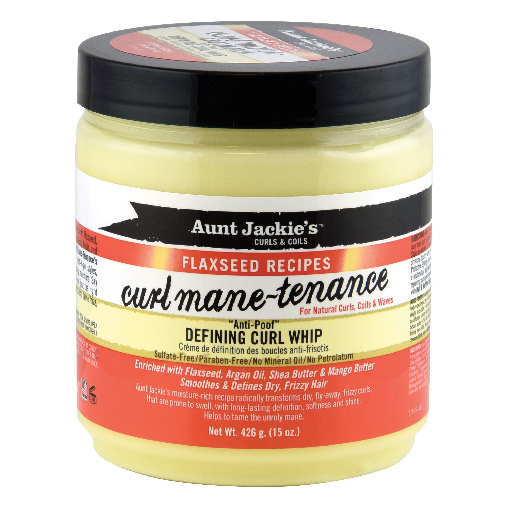 Aunt Jackie's Curl Mane-tenance jar in orange showing defined, moisturized curls.