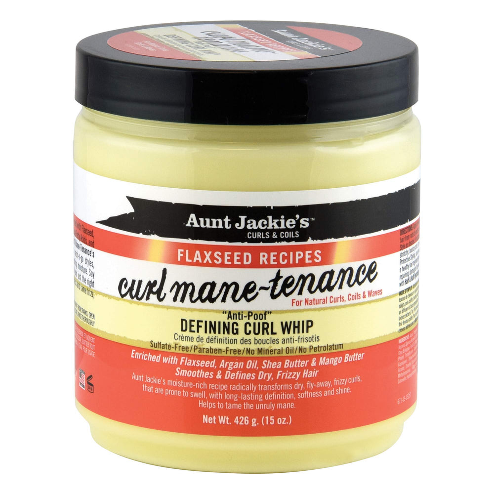 Aunt Jackie's Curl Mane-tenance jar in orange showing defined, moisturized curls.