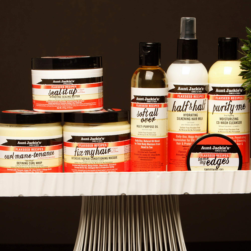 Aunt Jackie's flaxseed ingredients close-up highlighting nourishing oils for soft, manageable hair.