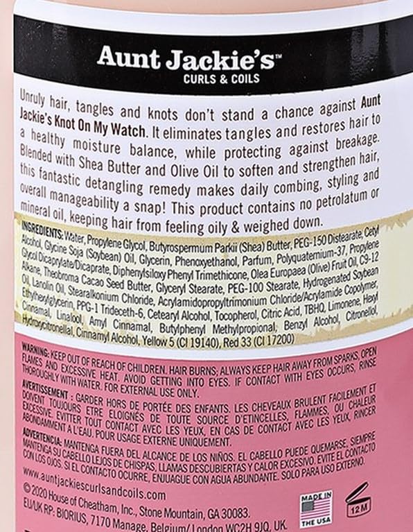 Aunt Jackie's Knot On My Watch label close-up highlights shea butter and olive oil benefits.