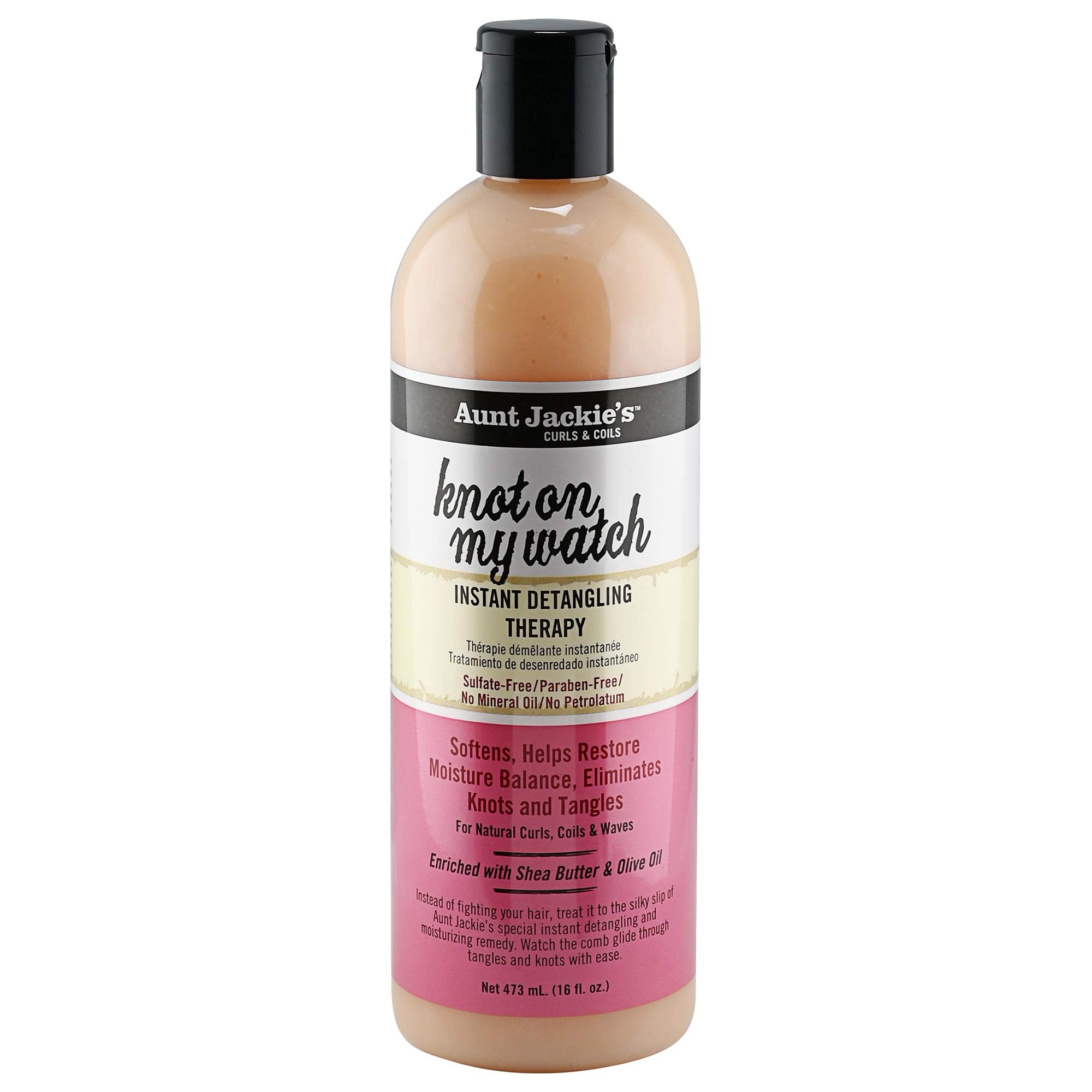 Aunt Jackie's Knot On My Watch bottle with pump demonstrates easy detangling for natural curls.