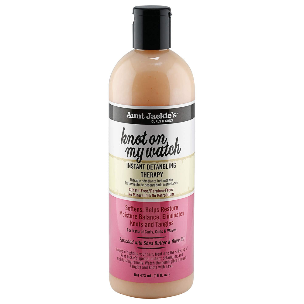 Aunt Jackie's Knot On My Watch bottle with pump demonstrates easy detangling for natural curls.