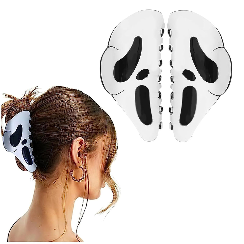 AUOCATTAIL Halloween ghost face claw clip close-up showing secure grip for thick hair during cosplay.