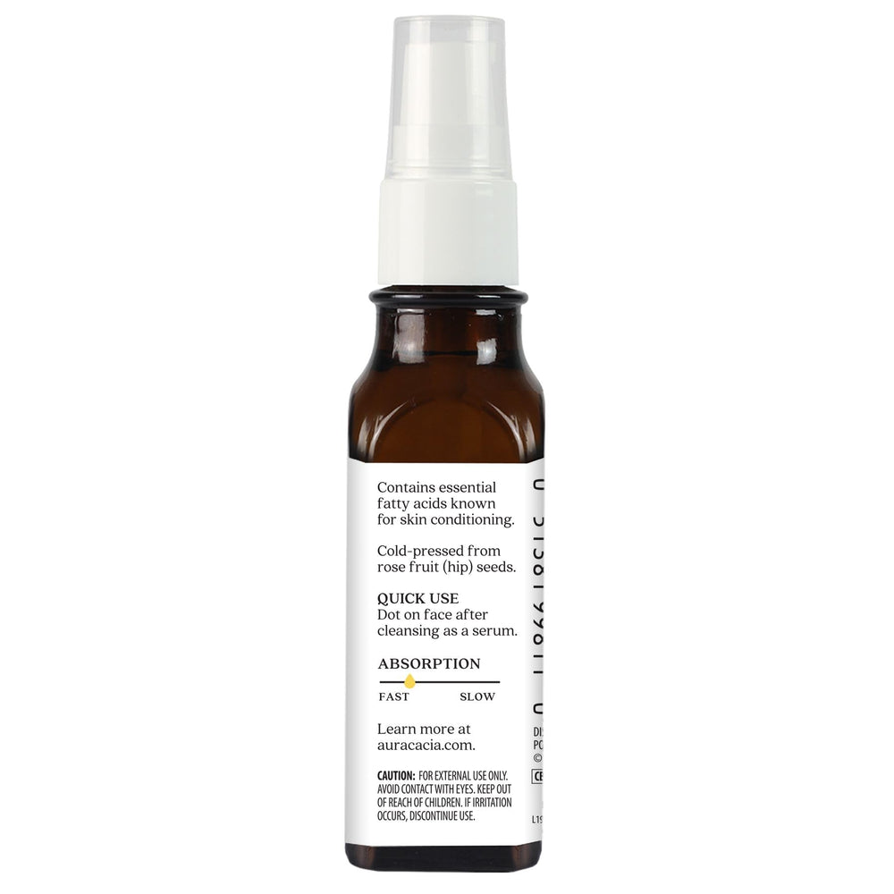 Aura Cacia Rosehip Oil ingredients-info highlights single botanical ingredient purity.