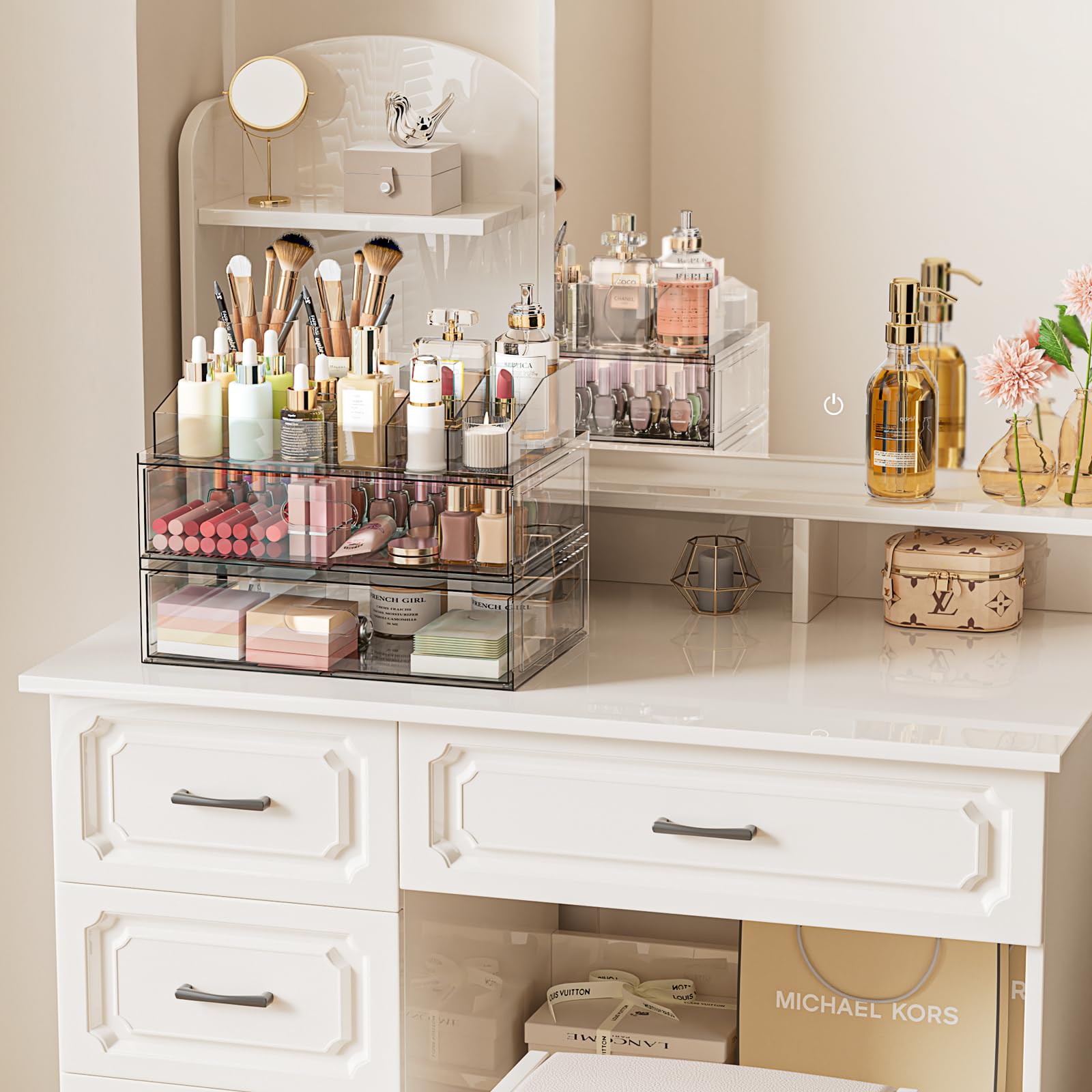 Aurblozen 12W acrylic storage drawer closeup showing large capacity for cosmetics.