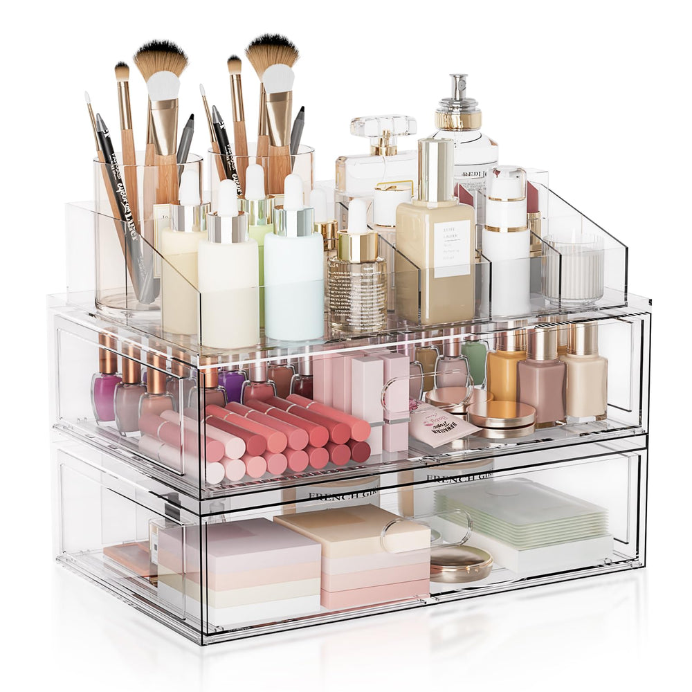 Aurblozen clear stackable makeup organizer drawer front view for easy visibility