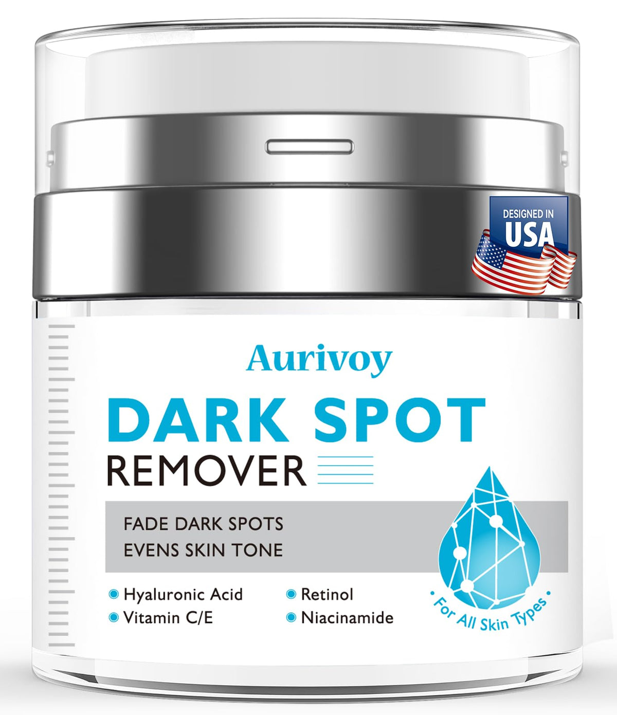 Aurivoy Dark Spot Remover bottle closeup showing premium formula for evening skin tone.