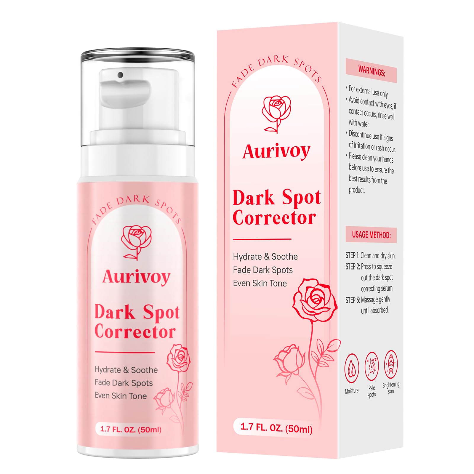 Aurivoy dark spot serum bottle with pump showing daily hydration and even tone